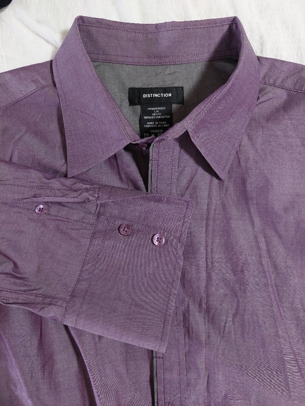 Distinction Men's Size Large/16.5  Purple Dress Shirt 100% COTTON Soft Silky